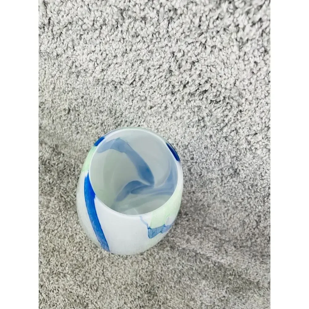Art Deco Abstract White Blue Ceramic Glass Oval Vase